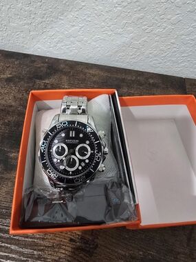 Men's Silver Stainless Steel Chronograph Watch - Black Dial